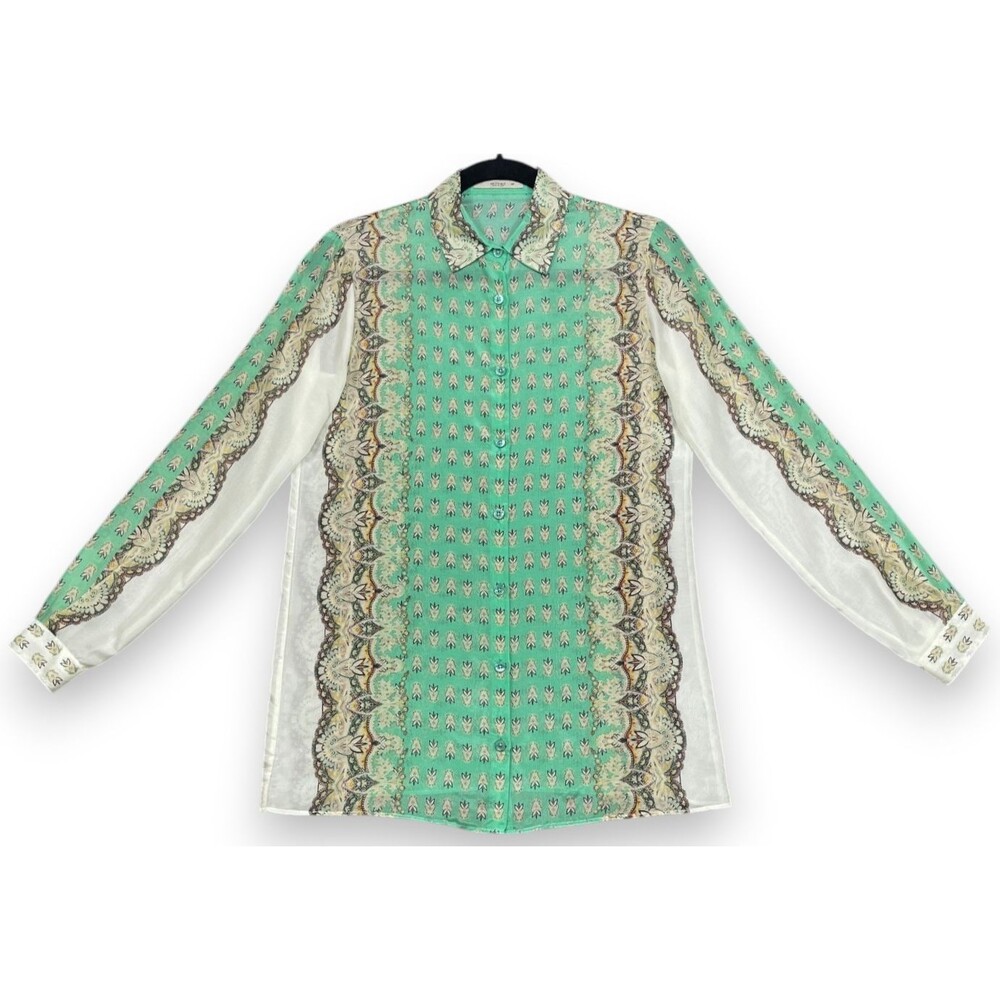 Etro Shirt Blouse Top Womens 40 4 6 S Green Ivory Paisley Floral Button Silk